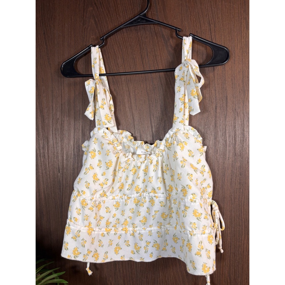 KIRIOU Los Angeles Floral Tie Strap Crop Top Yellow Ditsy Floral Size Large